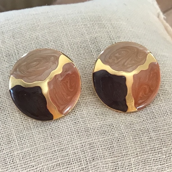 Vintage 80’s Earthy & Gold Tone Pierced Earrings Round Lightweight - Picture 7 of 16